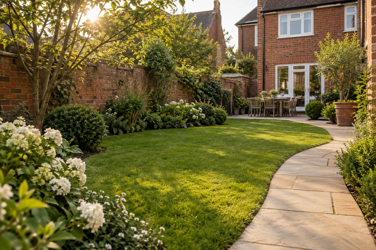 Illustrative view of a sunny English garden with a neat lawn, flowering borders and a stone path